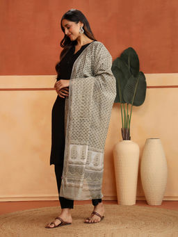 Fabindia - Off White-Grey Cotton Silk Hand Block Printed Dupatta