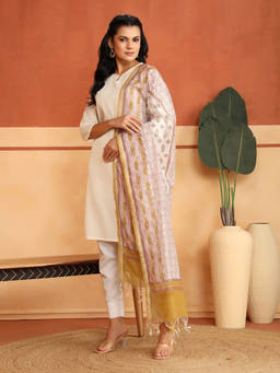 Fabindia - Off White Cotton Silk Blend Floral Hand Block Printed Dupatta