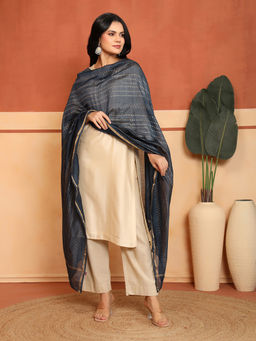 Fabindia - Navy Blue Cotton Silk Blend Hand Block Printed Dupatta