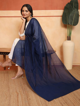 Fabindia - Navy Blue Cotton Silk Hand Embroidered Dupatta