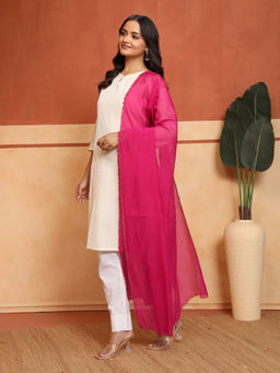 Fabindia - Fuchsia Pink Cotton Silk Hand Embroidered Dupatta