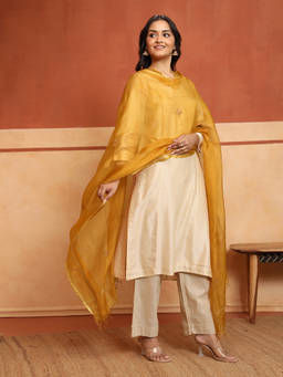 Fabindia - Yellow Silk Blend Embroidered Dupatta