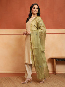 Fabindia - Olive Silk Blend Embroidered Dupatta