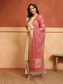 Fabindia - Pink Cotton Silk Blend Banarsi Dupatta