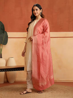 Fabindia - Peach Cotton Silk Blend Woven Banarsi Dupatta
