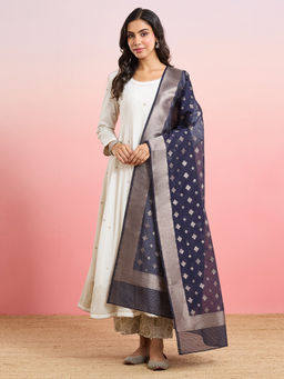 Fabindia - Navy Blue Cotton Silk Blend Floral Woven Banarsi Dupatta