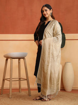 Fabindia - Off White Viscose Silk Blend Woven Banarsi Dupatta