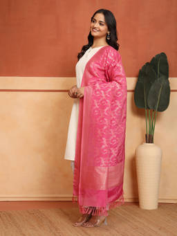 Fabindia - Pink Viscose Silk Blend Woven Banarsi Dupatta