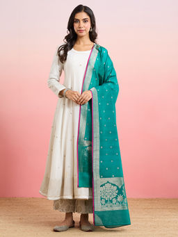 Fabindia - Teal Viscose Silk Blend Woven Banarsi Dupatta