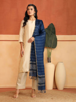 Fabindia - Blue Silk Blend Stripes Printed Dupatta