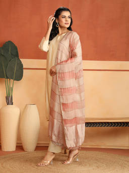 Fabindia - Peach Silk Blend Checks Hand Woven Dupatta