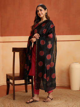 Fabindia - Black Cotton Silk Blend Polka Dot Printed Dupatta
