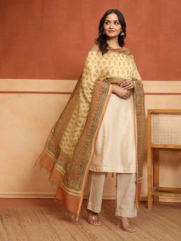 Fabindia - Beige Cotton Silk Blend Floral Hand Block Printed Dupatta