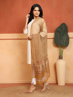 Fabindia - Beige Cotton Silk Floral Hand Block Printed Dupatta
