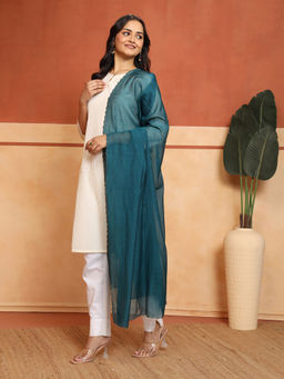 Fabindia - Teal Cotton Silk Hand Embroidered Dupatta