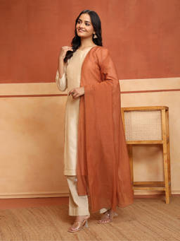 Fabindia - Rust Cotton Silk Hand Embroidered Dupatta