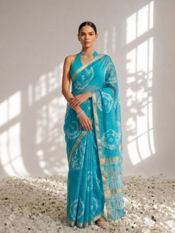 Swtantra - Turquoise Cotton Linen Saree