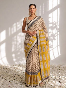 Swtantra - Cream and Yellow Hand Block Printed Cotton Saree