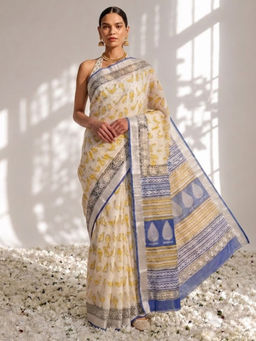 Swtantra - Yellow Hand Block Printed Cotton Saree