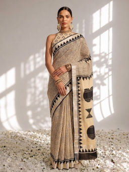 Swtantra - Beige Stripes Block Printed Cotton Saree