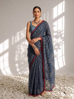 Swtantra - Indigo Printed Lace Work Saree
