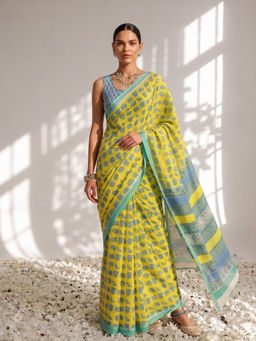 Swtantra - Yellow Block Printed Cotton Saree