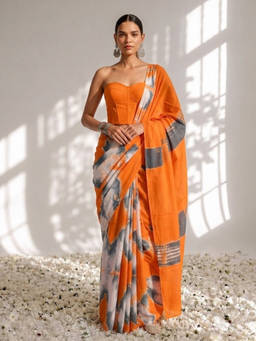Swtantra - Orange and Grey Tie-Dye Printed Cotton Saree