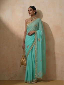 Swtantra - Sky Blue Chiffon Embroidered Got Patti Saree