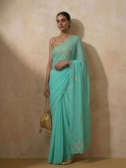 Swtantra - Cyan Blue Chiffon Hand Embroidered Saree