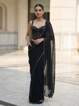 Swtantra - Black Chiffon Hand Embroidered Saree