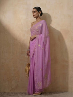 Swtantra - Lavender Chiffon Hand Embroidered Saree