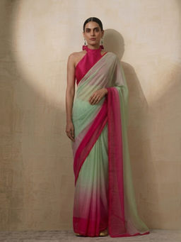 Swtantra - Mint Green-Pink Ombre Printed Chiffon Saree
