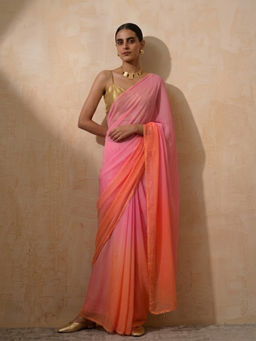 Swtantra - Pink and Orange Ombre Lace Work Chiffon Saree