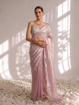 Swtantra - Pink Solid Lace Work Satin Saree