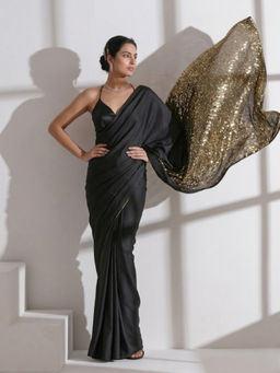 Swtantra - Black Solid Sequined Pallu Saree