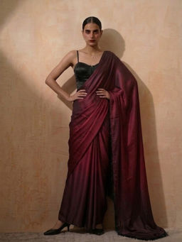 Swtantra - Rose Wood Maroon Solid Tassel Work Satin Saree