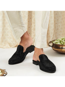 SKO - Men Black Crystal Leather Mules
