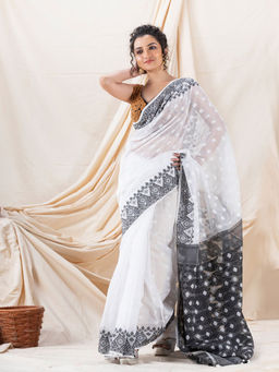 Angoshobha - Traditional White & Black Soft Dhakai Jamdani Saree with Unstitched Blouse