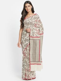 Fabindia - Off White Floral Motif Hand Block Printed Cotton Saree without Blouse
