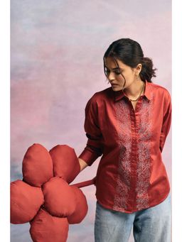 Prakriti Jaipur - Red Floral Border Embroidery Shirt