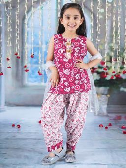 Little Bansi - Girls Kurta Salwar and Dupatta with Floral Lace Maroon (Set of 3)