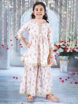 Little Bansi - Girls Kurta Sharara and Dupatta with Floral Beige Pink (Set of 3)