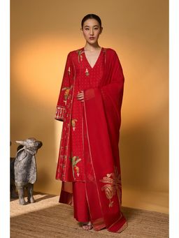Masaba - Red Raw Silk Sequined Anarkali Kurta with Palazzo and Dupatta