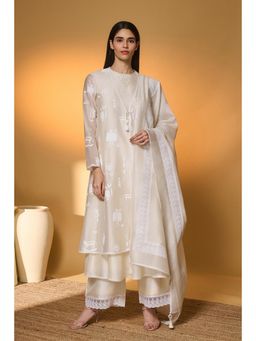 Masaba - Ivory Chanderi Thread Work Kurta with Jacket and Palazzo with Dupatta