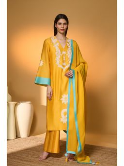 Masaba - Yellow Chanderi Thread Work Kurta with Pant and Dupatta