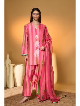Masaba - Pink Raw Silk Printed Kurta with Pant and Dupatta