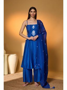 Masaba - Navy Blue Raw Silk Thread Work Anarkali Kurta with Pant and Dupatta