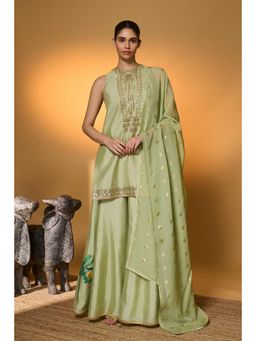 Masaba - Green Raw Silk Sequined Kurta with Sharara and Dupatta