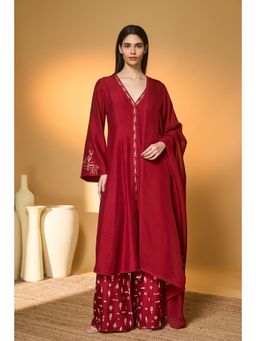 Masaba - Red Raw Silk Lace Work Kurta with Sharara and Dupatta