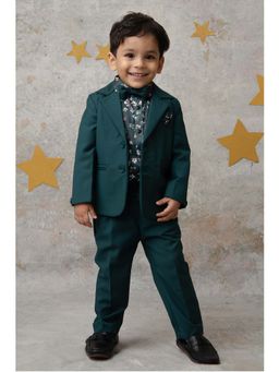 Little Collars - Green Printed Blazer with Shirt, Trouser, Bow